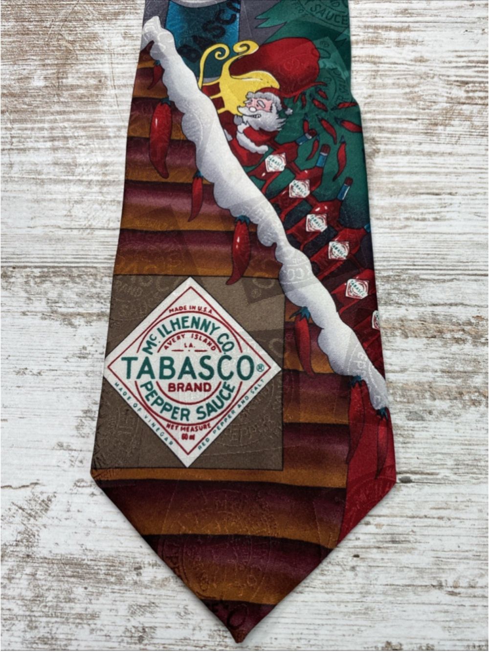 Tabasco Christmas Tie 100% Silk USA Santa Holiday Novelty Hot Sauce Necktie 56”